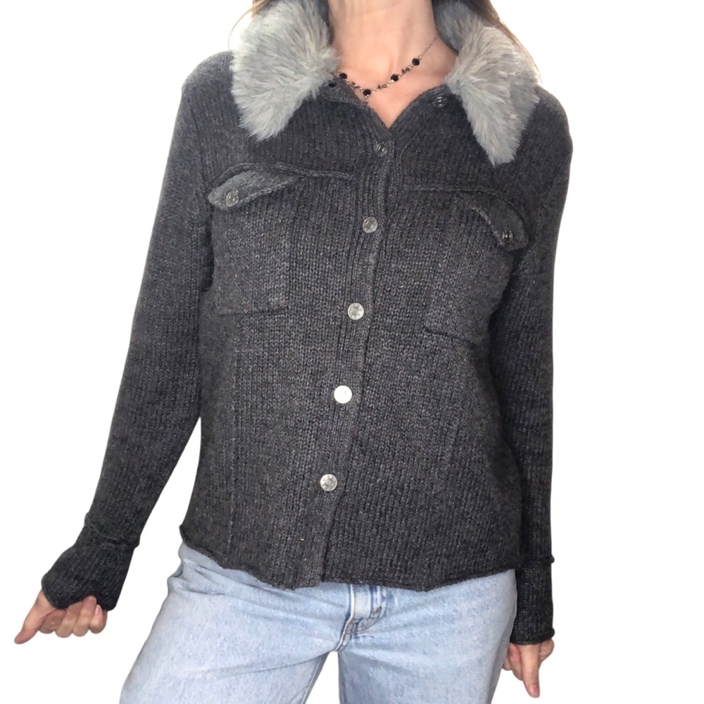 Vintage Fiorlini 90's Y2K Faux Fur Collar Knit Cardigan Sz M Gray Gilmore Girls